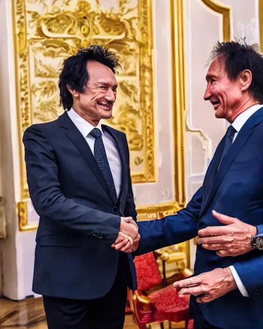 Image similar to sixty years old viktor tsoi with joyful look in a business suit shaking hands with vladimir putin in kremlin, moscow, color photo, mid shot photo, official meeting, digital photo, 4 k