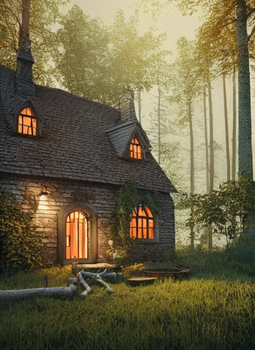 Prompt: hyper realistic homely witch cottage with random architectural styles, in the woods gorgeous lighting, highly detailed, lush forest architectural render, octane render, ue 5 raytraced