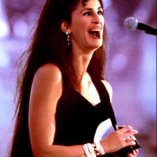 Image similar to Julia Roberts as Selena singing!! on a stage, 1995 movie, cinematic, beautiful, elegant, symmetrical!! face