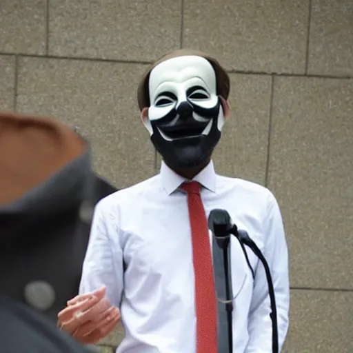 Image similar to professor anonymous wearing guy fawkes mask giving lecture at university