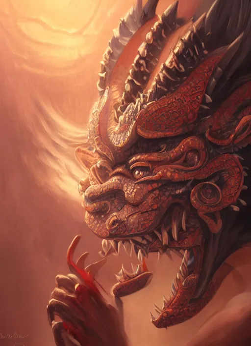 Image similar to a beautiful detailed oil on copper art illustration of a oni hannya mask shogun dragon devil woman, centered, by charlie bowater, zeng fanzh, trending on artstation, dim dusk lighting, cinematic lighting, detailed lighting, volumetric lighting, realistic, f 8, 4 k hd wallpaper