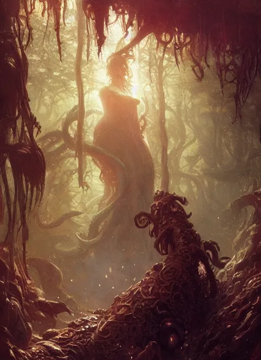 Image similar to my bed is a forest with a giant cthulhu eyes horror by gaston bussiere, anna nikonova aka newmilky, greg rutkowski, yoji shinkawa, yoshitaka amano, moebius, donato giancola, geoffroy thoorens, trending on artstation, featured on pixiv, cinematic composition