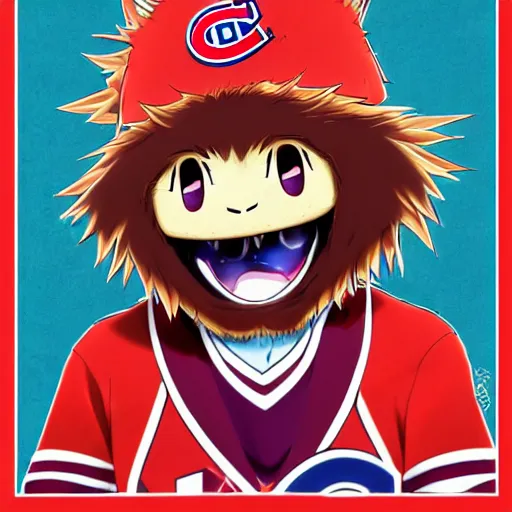 Image similar to anime Portrait of Youppi the Habs Montreal Canadiens Mascot as a very cute powerful and friendly pokemon, highly detailed anime, high evolution, 1990s, legendary, smooth, sharp focus, dynamic lighting, intricate, trending on ArtStation, illustration pokemon, art by WLOP