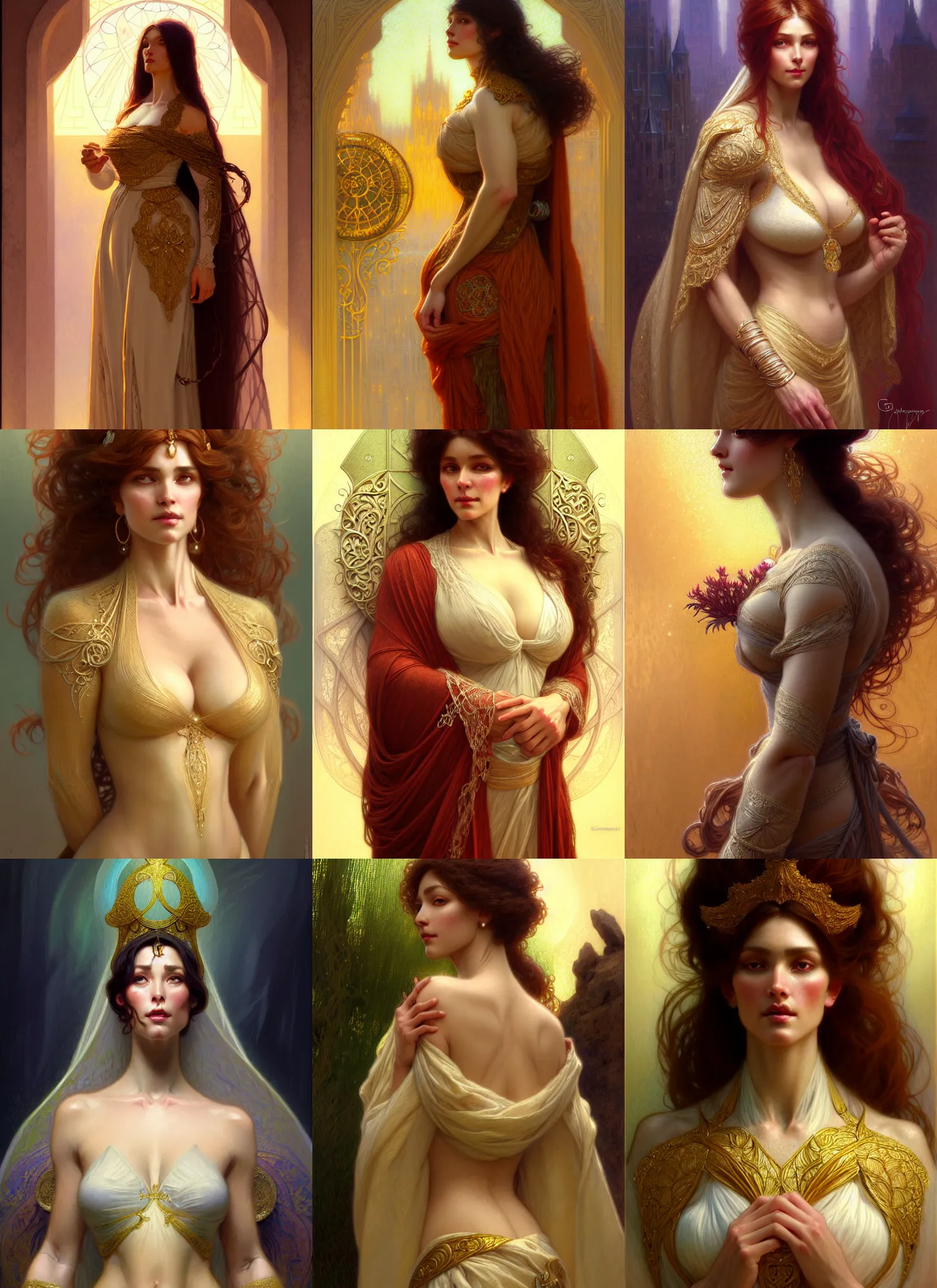 Image similar to character concept portrait of me as modest wife blessed by god to grow ever more intelligent beautiful voluminous muscular tall and virtuous. modestly clothed, intricate, elegant, highly detailed, digital painting, artstation, concept art, symmetry, smooth, sharp focus, illustration, art by gaston bussiere and alphone mucha