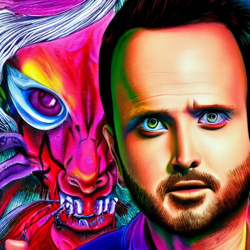 Image similar to a detailed painting of a demon poorly disguised as Aaron Paul by Junji ito and Lisa frank, vivid color scheme, artstation,8k,artstationHD,artstationHQ, cinematic, diffuse lighting