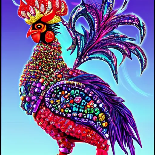 Image similar to fantasy art ultra detailed of the most bedazzled rooster king in all it's glory