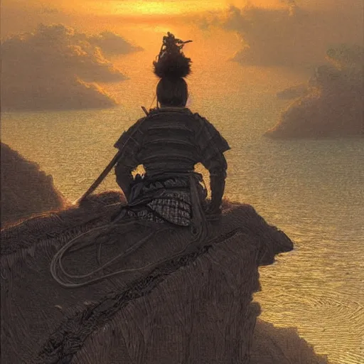 a samurai looking into the horizon on a cliff, golden