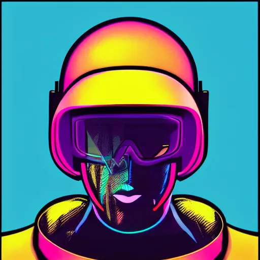 Prompt: a synthwave android with a visor, a sweatshirt, and a cool hat, digital art, cyberpunk, vivid, technological