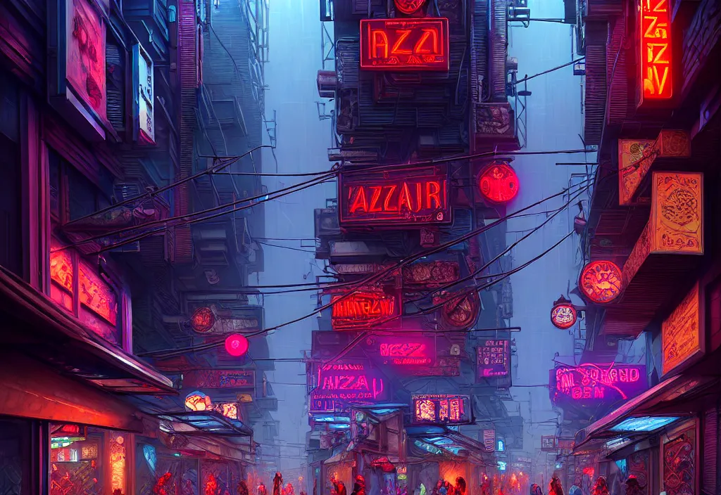 Image similar to a highly detailed bazaar street in the cyberpunk megacity of new washington, amazing cyberpunk digital painting, by gerald brom, brom digital art, intricate details, ultra realistic, beautiful art, volumetric lighting, ultra realistic, by art germ, by brom, trending cgsociety, artstation, rim lighting, cool neon lights, crowded, 8 k