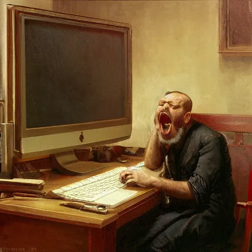 Image similar to an angry man yells at his computer monitor, oil on canvas, 1 8 8 3, highly detailed