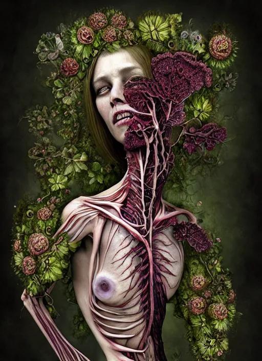 Image similar to beautiful and detailed rotten woman corpse with fractal plants and fractal flowers growing around, muscles, veins, arteries, intricate, organs, ornate, surreal, ray caesar, john constable, guy denning, dan hillier