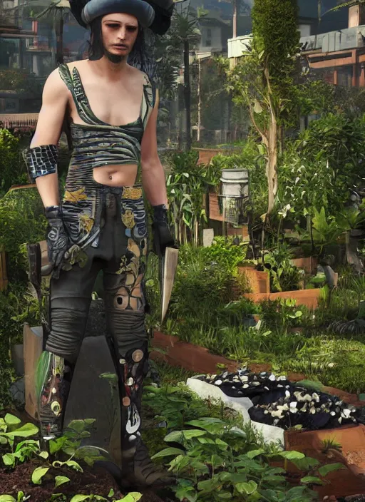 Image similar to johnny silverhand working in a garden, wake up samurai, solarpunk, lots of plants, gardening, permaculture, cyberpunk 2 0 7 7, anarchy, realistic, ultra detailed