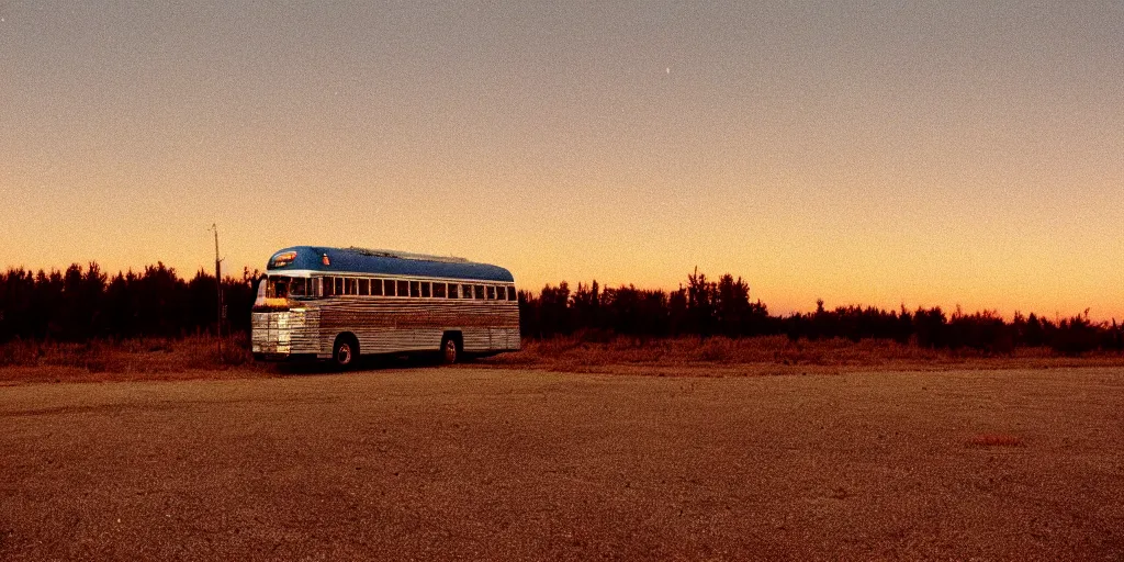 Image similar to exterior of a greyhound bus in the middle of nowhere, sunset, eerie vibe, leica, 2 4 mm lens, cinematic screenshot from the 2 0 0 1 film directed by charlie kaufman, kodak color film stock, f / 2 2, 2 4 mm wide angle anamorphic