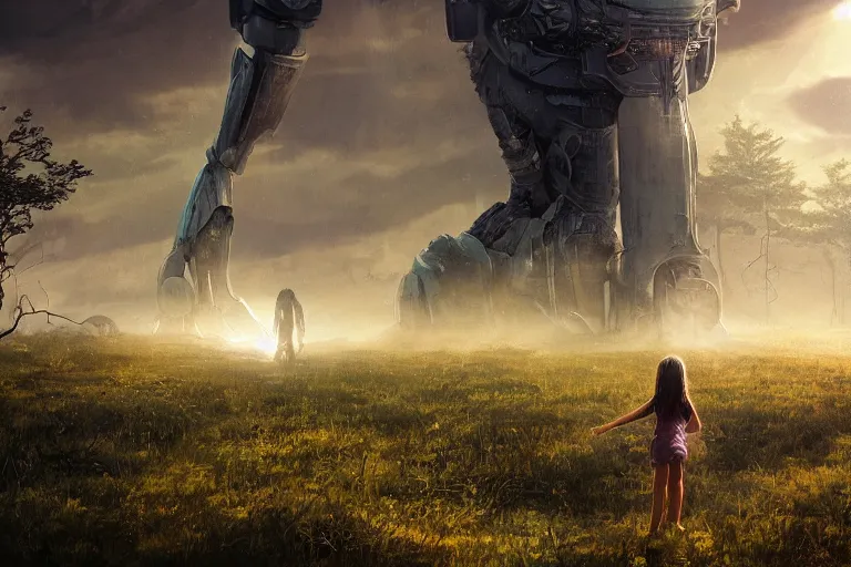 Prompt: the great beyond, sci - fi scene future new york, little girl holding a hand of a big robot, forest punk, crepuscular rays, epic scene, hyper realistic, photo realistic, overgrowth, cinematic atmosphere, ethereal lighting, in the style of john waterhouse