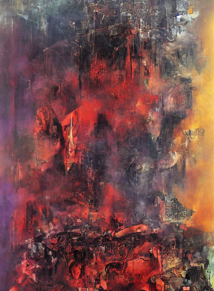 Image similar to the blind liberty of the few, red and purple palette, volume light, fog, by mimmo rotella by ( h. r. giger ) and paul lehr