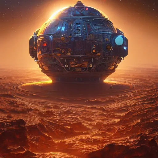 Prompt: colossal dream bot mothership in outer space, golden hour, intricate details, sharp focus, digital art, hyper realistic, 4 k, unreal engine, highly detailed, hd, dramatic lighting by brom, trending on artstation