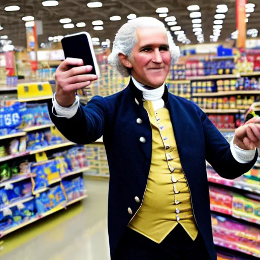 Image similar to professional color photo of George Washington taking a selfie in Walmart, 4k