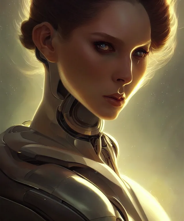 Image similar to futuristic android portrait, sci-fi, amber eyes, face, long hair, fantasy, intricate, elegant, highly detailed, digital painting, artstation, concept art, smooth, sharp focus, illustration, art by artgerm and greg rutkowski and alphonse mucha