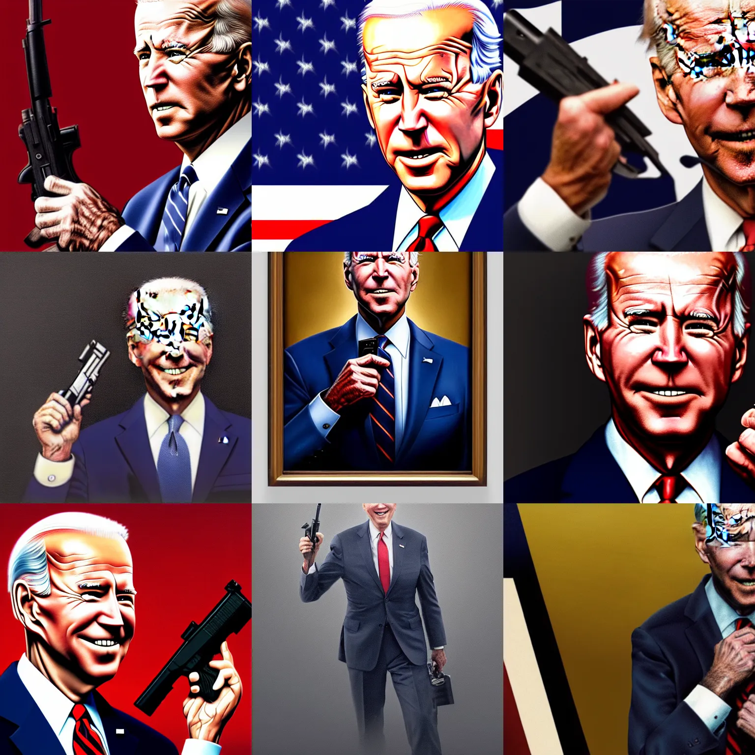 Prompt: a very high resolution matte oil painting of portrait joe biden with a gun robbing a bank, extremely detailed, disturbing, cinematic, 4 k, 8 k