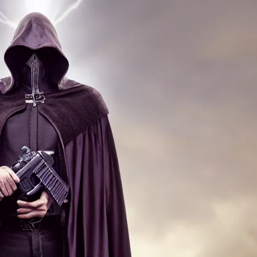 Image similar to a dark cloak with a handgun sticking out of the top where the head should be