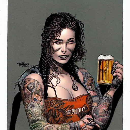 Image similar to a beautiful portrait of a heavily tattooed woman handing you a beer in Travis Charest style