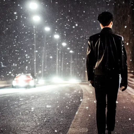 Image similar to shot of young man from back pacing lowering head dressed in short leather bomber jacket to empty narrow alley with street lamps in park with pines to the horizon,, with hands in pockets, snowfall at night, mullet long haircut, black hairs, cinematic, dramatic, detailed, realistic, movie shot, low lighting