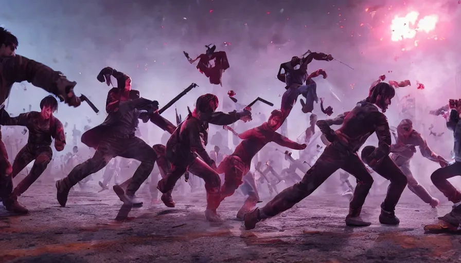 Image similar to full - body action shot of bts as heroes fight a horde of zombies, in the style of k - pop, epic, cinematic, volumetric lighting, symmetry, octane render, artstation, highly - detailed, unreal 5, realism,