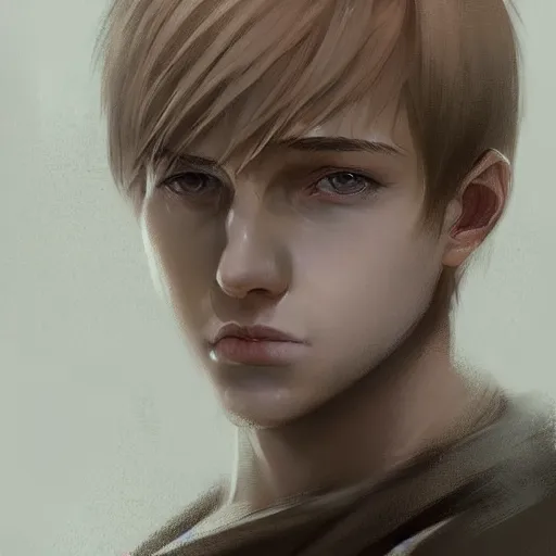 Prompt: portrait of a young man by greg rutkowski, armin arlert from attack on titan, blond short hair with bangs, he is about 2 0 years old, highly detailed portrait, digital painting, artstation, concept art, smooth, sharp foccus ilustration, artstation hq