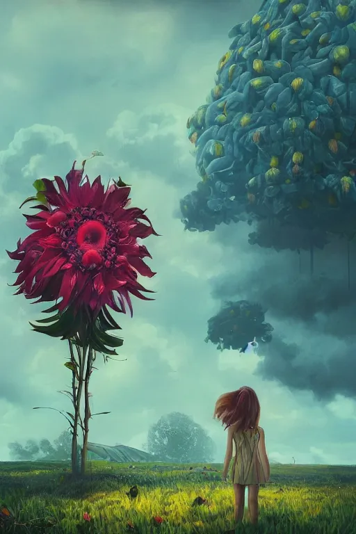 Image similar to closeup, giant flower as a head, girl surrounded by monsteras, surreal photography, wind and cold, dramatic sky, impressionist painting, digital painting, artstation, simon stalenhag