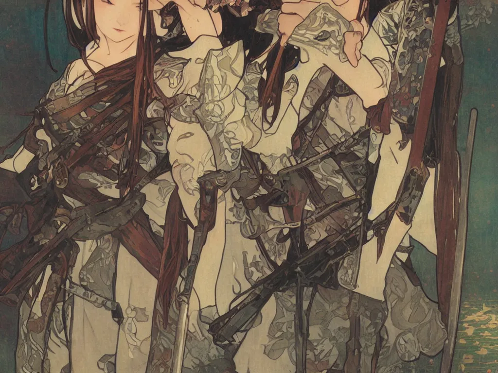 Image similar to a wandering samurai in full armor, dusk, by fiona staples, range murata, alphonse mucha