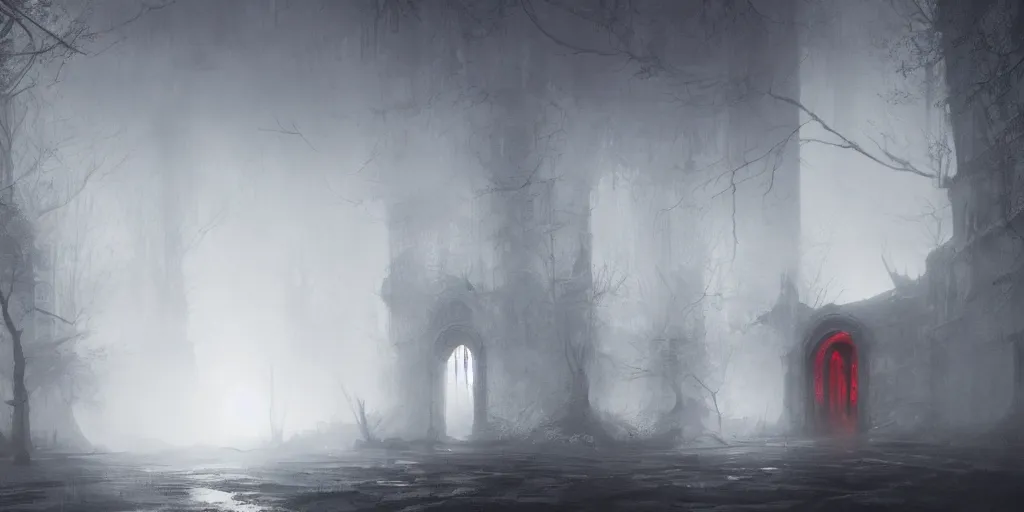 Image similar to fantasy depiction of the realm of shadows shrouded by mist trails leading to a red door, low saturation, high contrast, mostly greyscale, eerie disturbing lighting, in the style of marcin rubinkowski, greg rutkowski, lorenzo lanfranconi, oleg zherebin, trending on artstation