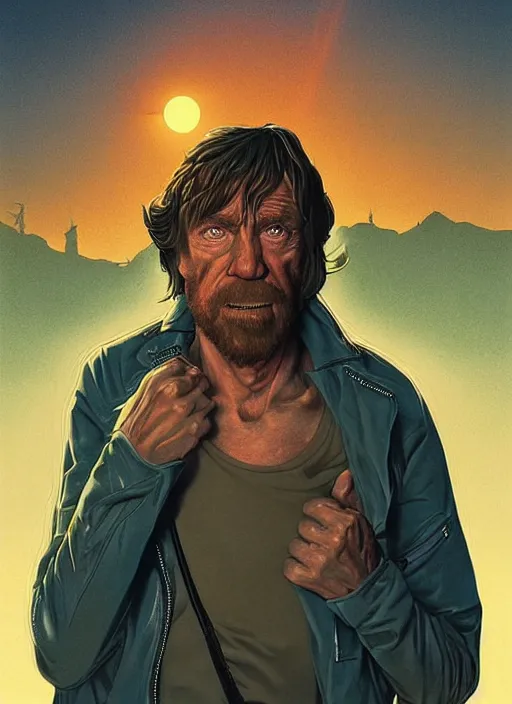 Image similar to poster artwork by Michael Whelan and Tomer Hanuka, Karol Bak of Chuck Norris is the local homeless man in the small town, from scene from Twin Peaks, clean