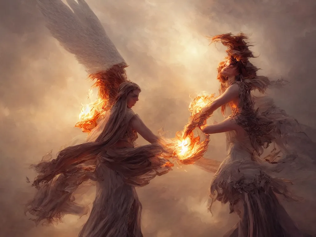 Prompt: angel carries a burning man in the clouds, fantasy art, award winning, dark fantasy, fantasy magic, intricate, elegant, sharp focus, cinematic lighting, highly detailed, digital painting, concept art, art by wlop and artgerm and greg rutkowski, masterpiece, trending on artstation, 8 k