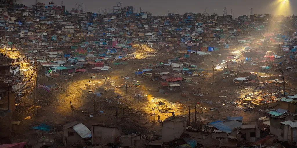 Image similar to AJEGUNLE SLUMS of Lagos surrounding large UFO within NEON rays of light, photographed by Martha Cooper, wide angle, Gold hour light,