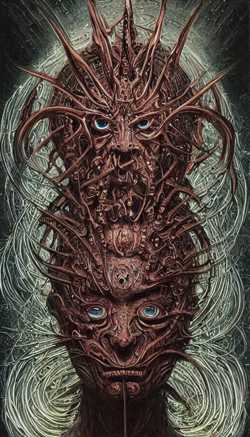 Prompt: Elden Ring themed painting of majestic slavic god in armor symmetrical face mask pattern concept, infinity glyph, intricate artwork by, Johnatan Wayshak, Zdizslaw Beksinski, Ayami Kojima, Amano, Karol Bak, Greg Hildebrandt, and Mark Brooks, Neo-Gothic, gothic, rich deep colors, art by Takato Yamamoto, masterpiece, face by Artgerm, H.R. Giger, very coherent artwork, cinematic, hyper realism, high detail, octane render, unreal engine, 8k, High contrast, golden ratio, trending on cgsociety, ultra high quality model, production quality cinema model