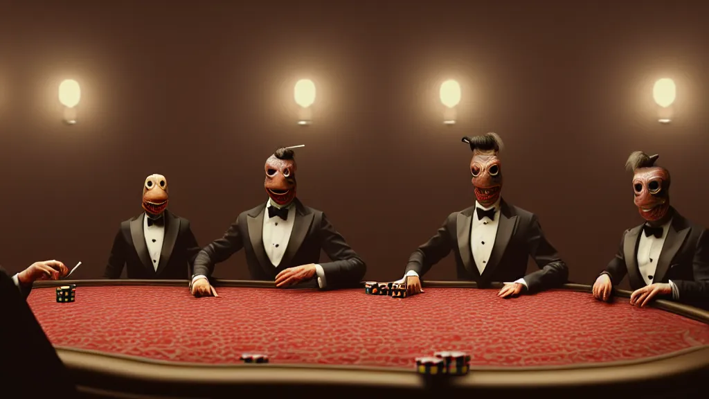 Image similar to hyperrealism simulation highly detailed human turtles'wearing detailed tuxedos and smoking, playing poker in surreal scene from dark scary movie from future by wes anderson and denis villeneuve and mike winkelmann rendered in blender and octane render