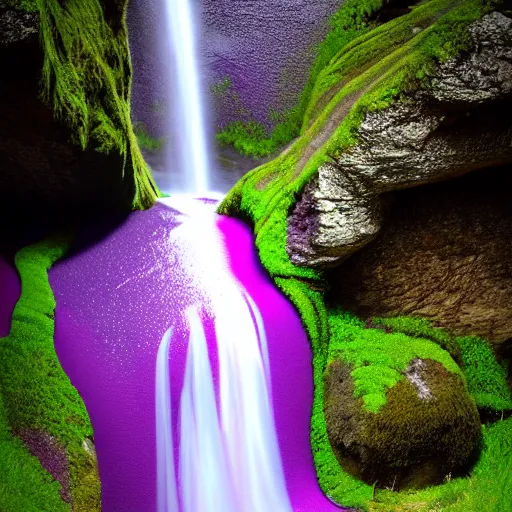 Prompt: photo of a real-life purple fjord waterfall