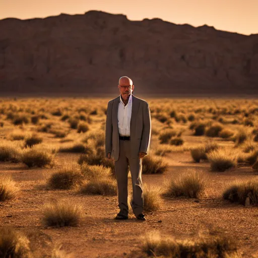 Prompt: A photo of Walter White, cinematic lighting, New Mexico desert, XF IQ4, f/1.4, ISO 200, 1/160s, 8K, RAW, unedited, symmetrical balance, in-frame, Facial Retouch