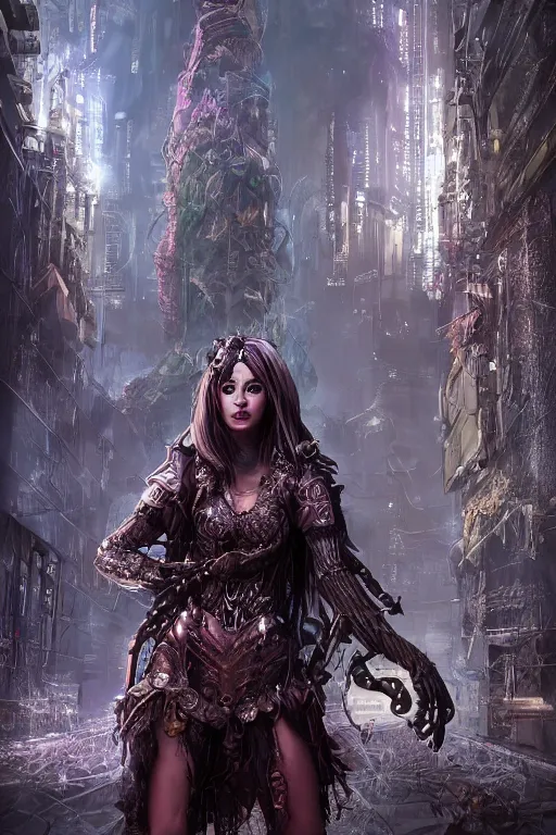Prompt: ultradetailed realistic RPG cosplay airbrushed digital art portrait-illustration of a beautiful symmetrical eerie Medusa wearing cyberpunk clothes and an armor with much decorum!!!!!!!! standing next to bioluminiscent otherworldly towers in a three quarters pose in a sci-fi cityscape, epic poster art, 3D rim light, octane render, artstationHQ