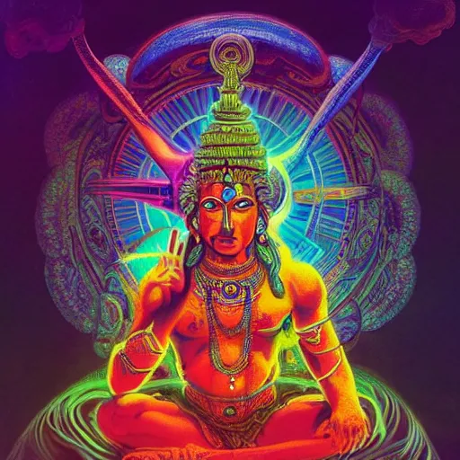 Image similar to An extremely psychedelic experience, colorful, surreal, chromostereopsis, Hindu God Shiva, LSD, face, intricate, elegant, highly detailed, digital painting, artstation, concept art, smooth, sharp focus, illustration, art by Sam Spratt, Dan Mumford, Artgerm and Alphonse Mucha