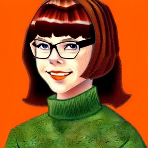 Prompt: Beautiful stunning Portrait face of Velma Dinkley Real Life Beautiful Portrait Scene of Velma Dinkley wearing her iconic orange sweater from Scooby Doo in court for falsely accusing someone of being a criminal by Greg Rutkowski. Velma is a teenage female, with chin-length auburn hair and freckles. She is wearing a baggy, thick turtlenecked orange sweater, with a red skirt, knee length orange socks and black Mary Jane shoes. by Mark Arian, soft render, octane, highly detailed painting, artstation