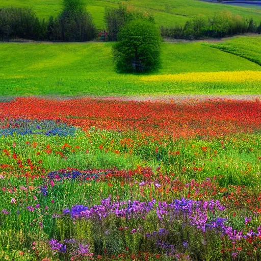 Prompt: photograph of a farm of colourful wildflowers, spring season, atmospheric
