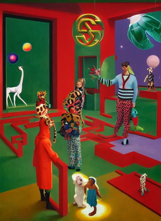 Prompt: painting of a gucci animal costumed family being shown how to open magic portals by a large glowing alien in their suburban living room maze, designed by gucci and wes anderson, energetic glowing planets in the air, cinematic look, in the style of edward hopper, james jean, petra collins and mc. escher