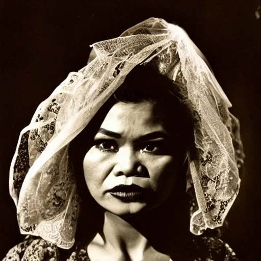 Image similar to A Filipino woman wearing demonic clothes, portrait, by Philippe Halsman