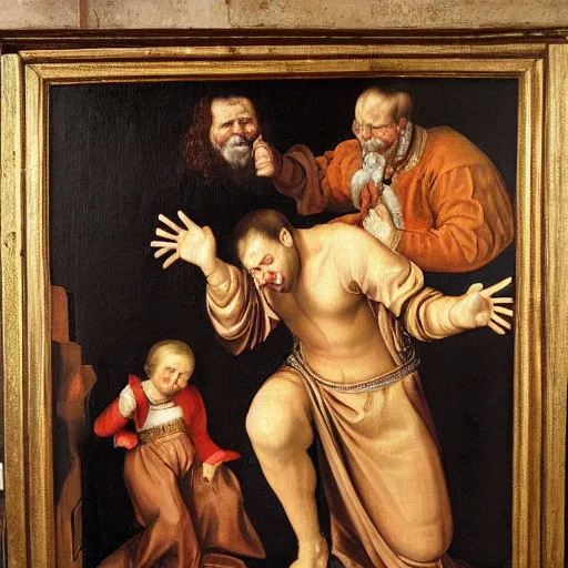 Prompt: a renaissance style portrait painting of screaming!! men