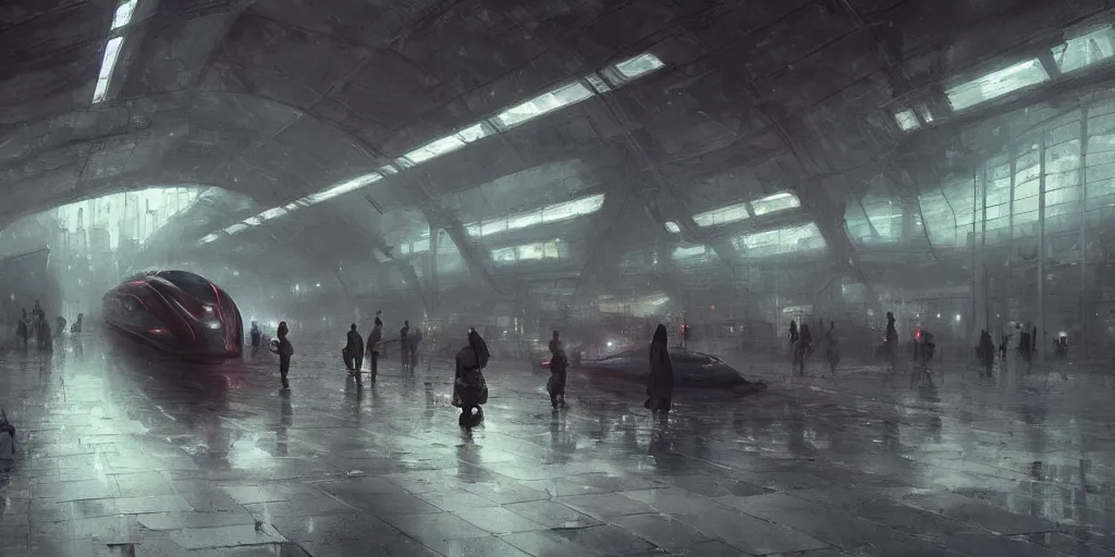 Prompt: futuristic train station by greg rutkowski and ruan jia, washed colors, dark, moody, gloomy, foggy,