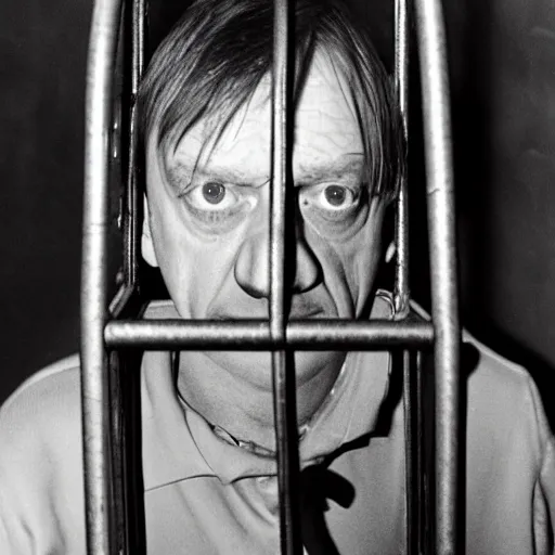 Image similar to mark e smith in a small cage marked for sale