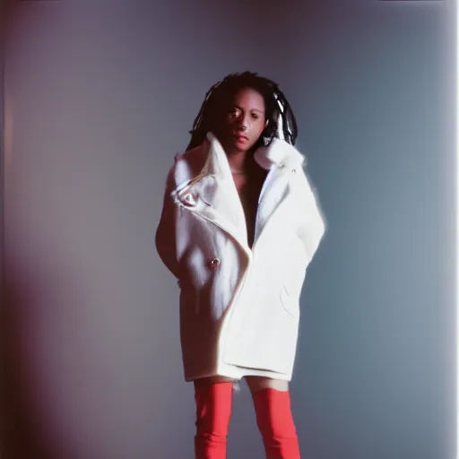 Image similar to realistic! photoshoot for a new vetements lookbook, color film photography, portrait of a beautiful woman, in style of tyler mitchell, 35mm