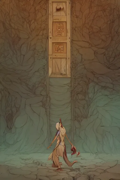 Prompt: a girl walking to a giant wooden door with archaic symbols embedded onto, digital art, very graphic illustration by peter mohrbacher and victo ngai and jean giraud, drawing, clean line, hd, colorful comics style