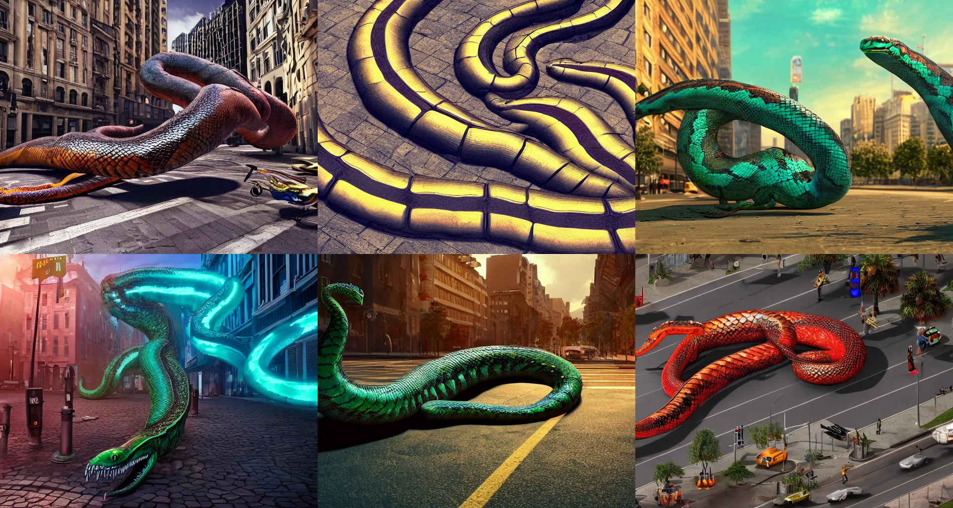 Prompt: Enormous serpent slithering in the streets, vibrant, 4K, HD, Octane Render, digital art, trending on ArtStation